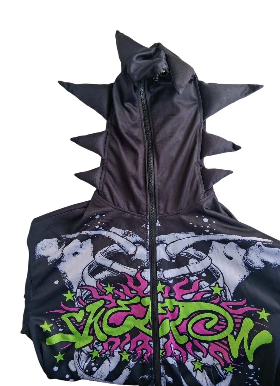 Romwe Black Spike Hooded Full Zip-Up Jacket Skeleton Graphic Print Men's Size S - Picture 6 of 10
